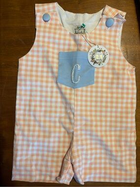 Kids Peach Gingham Matching Set with Blue Pocket